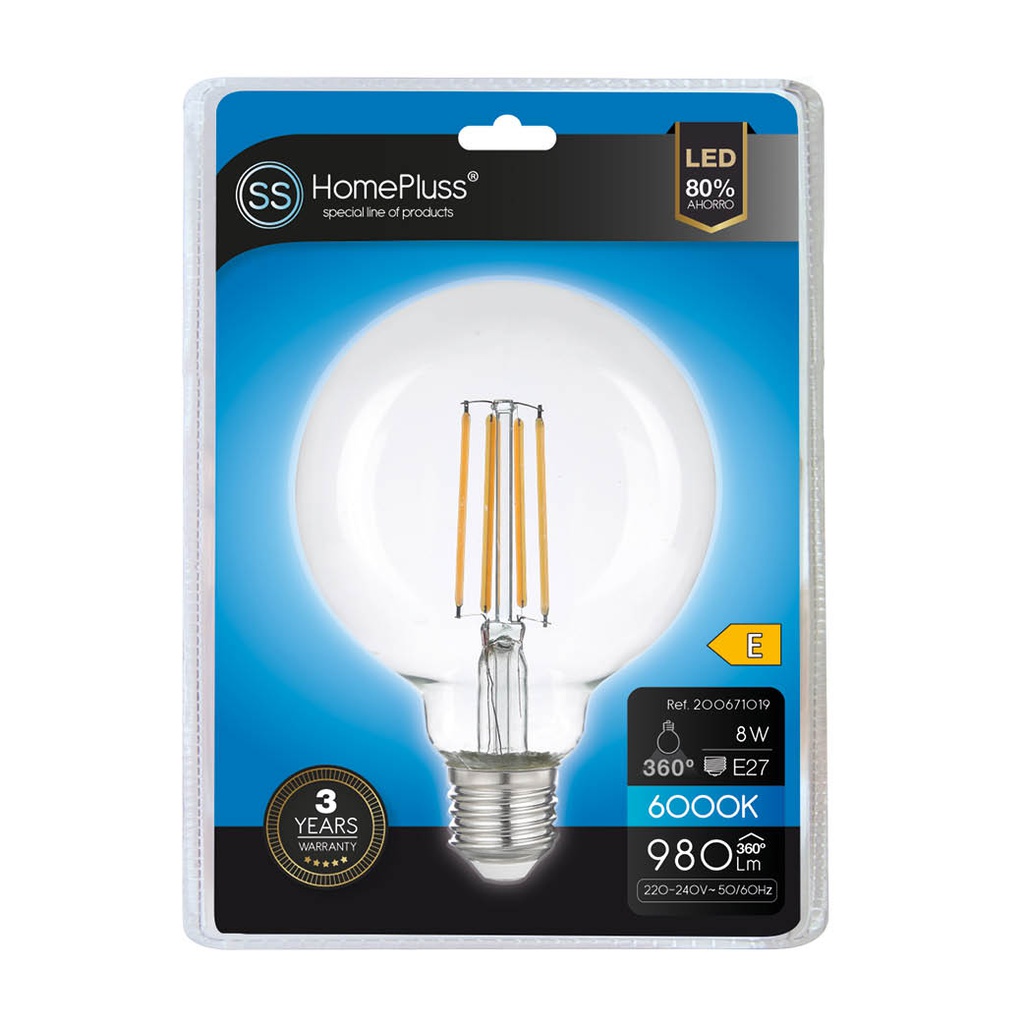 Lámpara Filamento LED Vela Globo G95 8W E27 6500K - 6u c.exp.