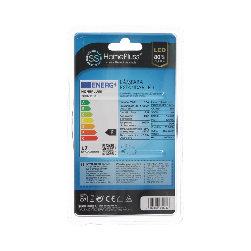 Lampara estandar 17W E27 6000K - 8u caja exp