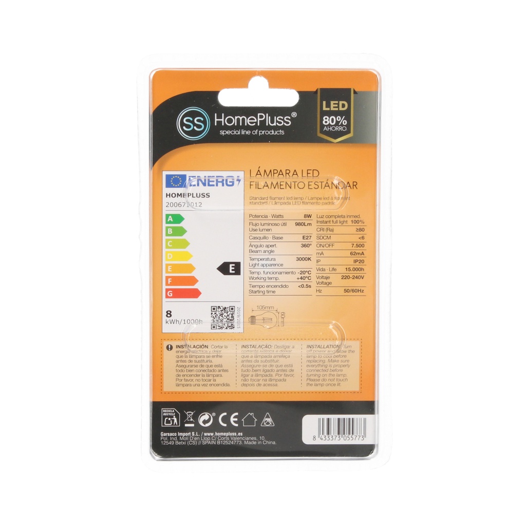 Lámpara Filamento LED Estandár 8W E27 3000K - 8u c.exp.
