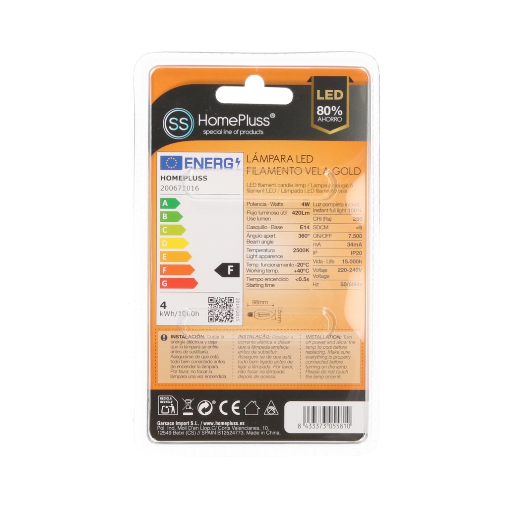 Lámpara Filamento LED Vela Opaca 4W E14 3000K - 12u c.exp.