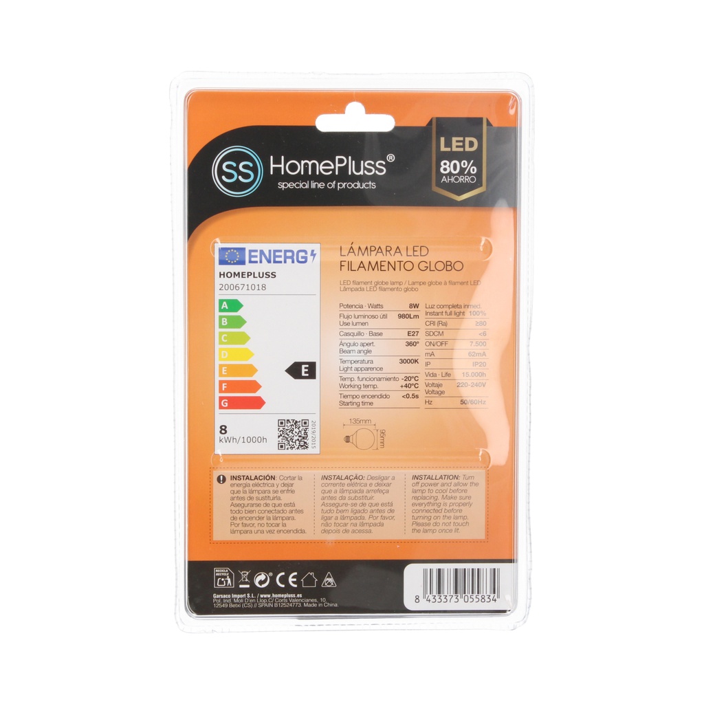 Lámpara Filamento LED Globo G95 8W E27 3000K - 6u c.exp.