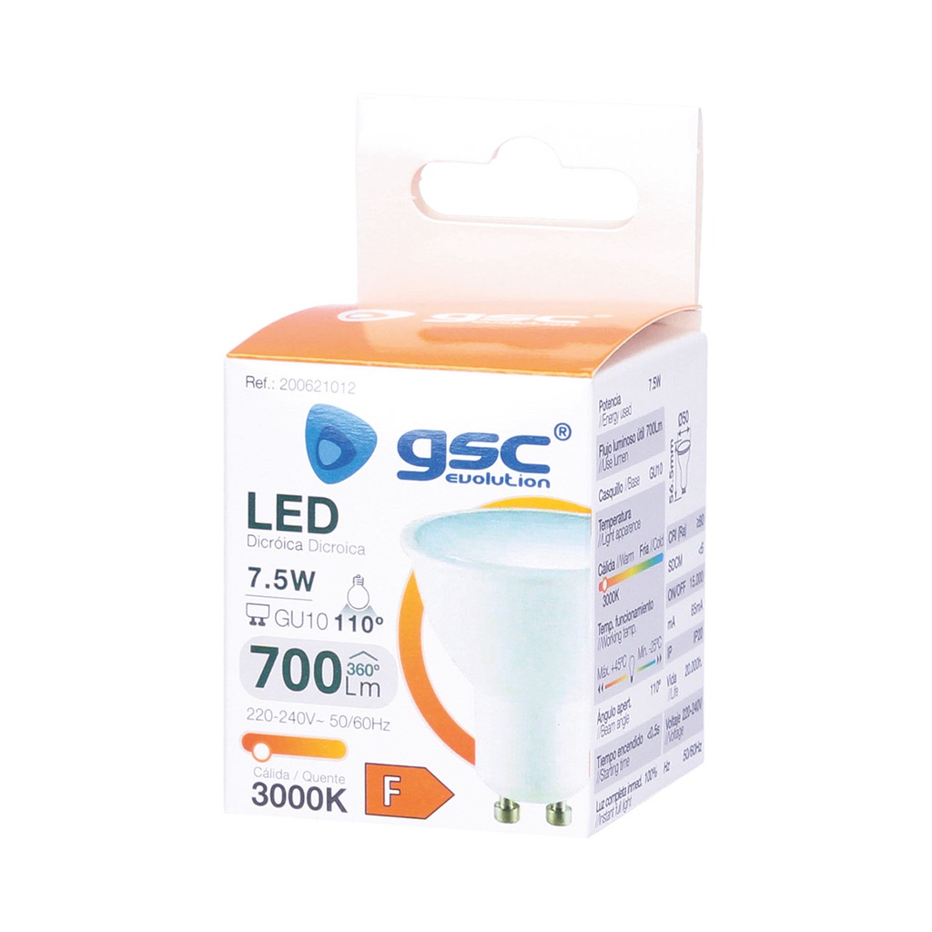 Lámpara LED dicroica 7,5W GU10 3000K