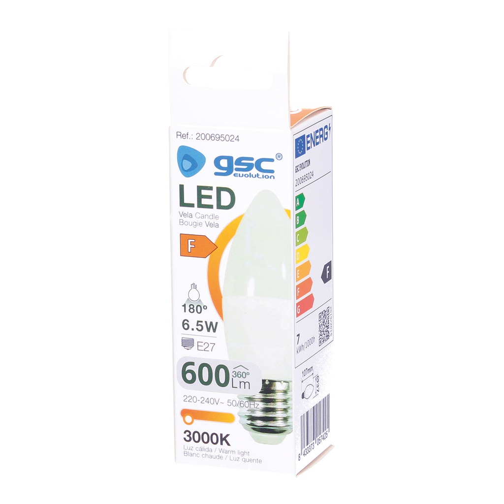 Lámpara LED vela 6,5W E27 3000K