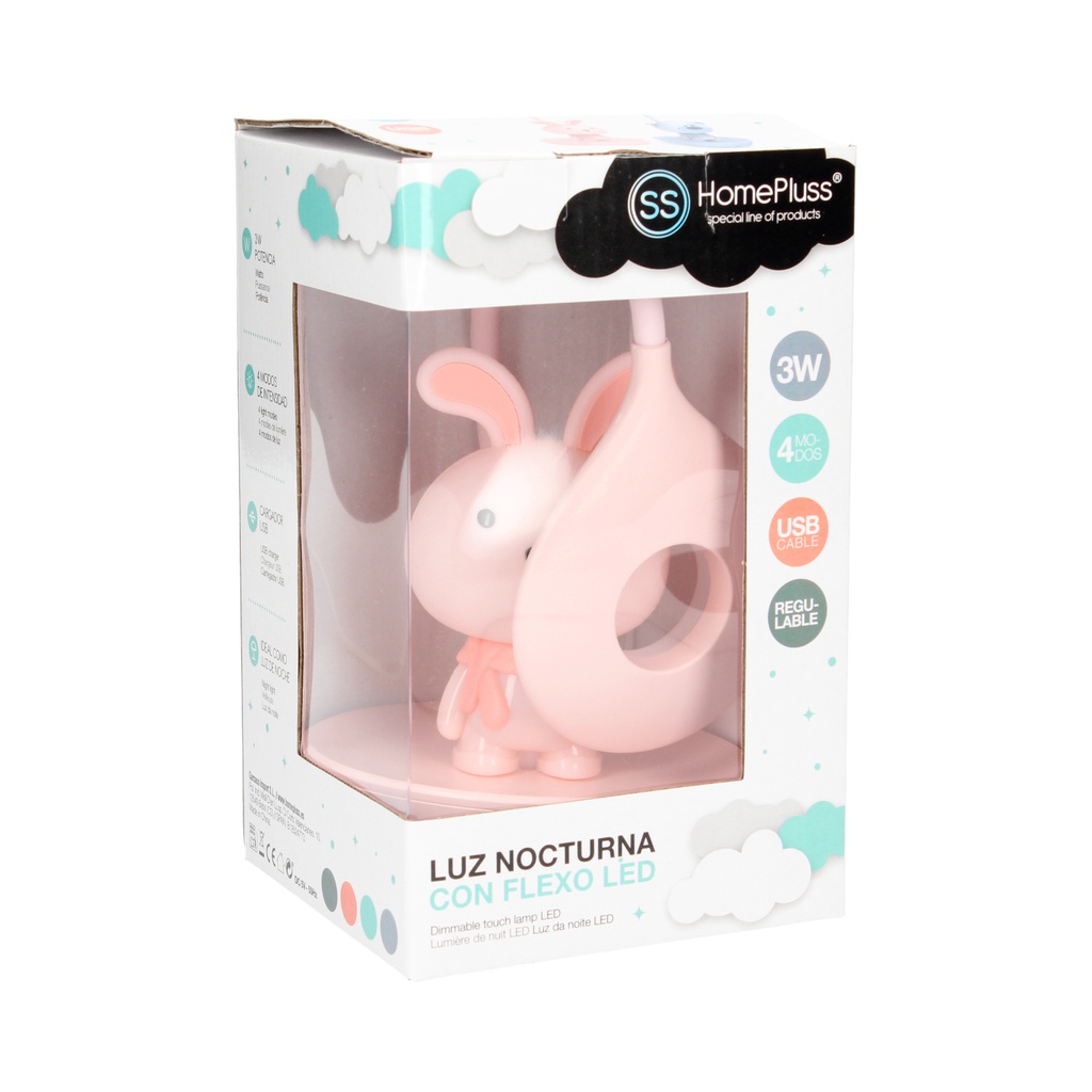 Luz nocturna Conejito Rosa  con flexo LED recargable 3W