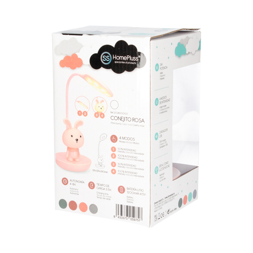 Luz nocturna Conejito Rosa  con flexo LED recargable 3W