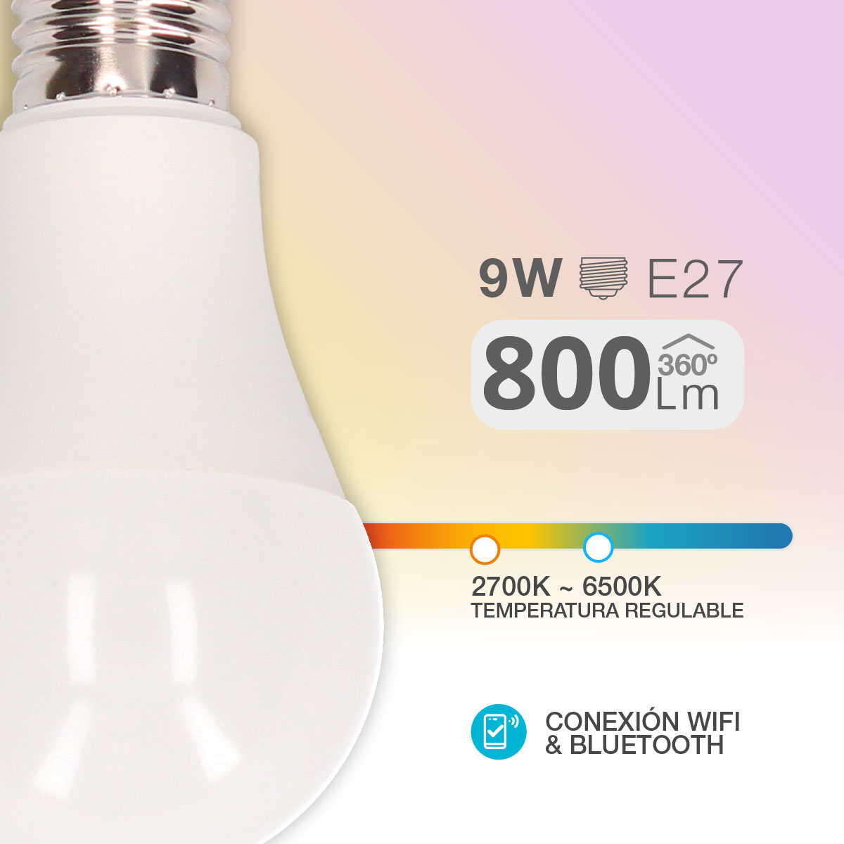 Lámpara estándar inteligente 9W E27 2700-6500K Regulable