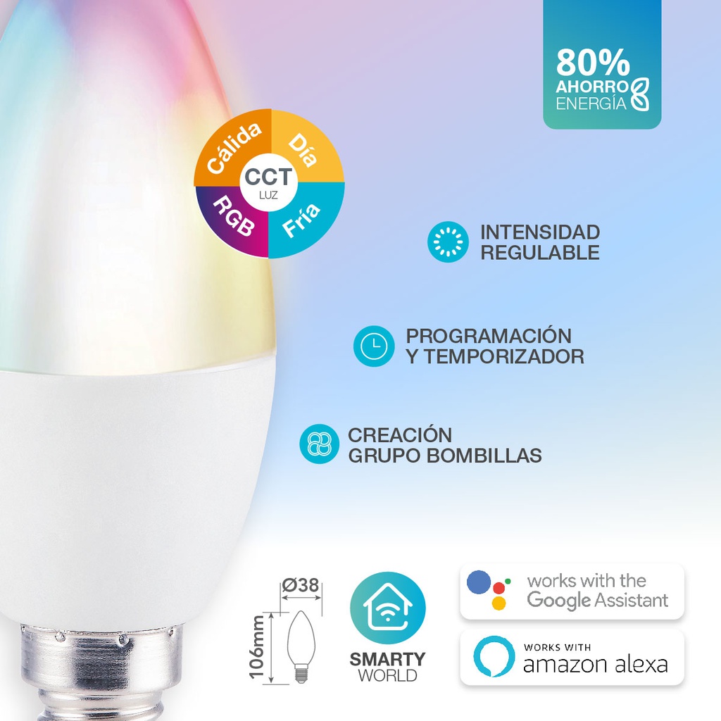 Lámpara LED vela inteligente 5,5W E14 RGB + CTT regulable
