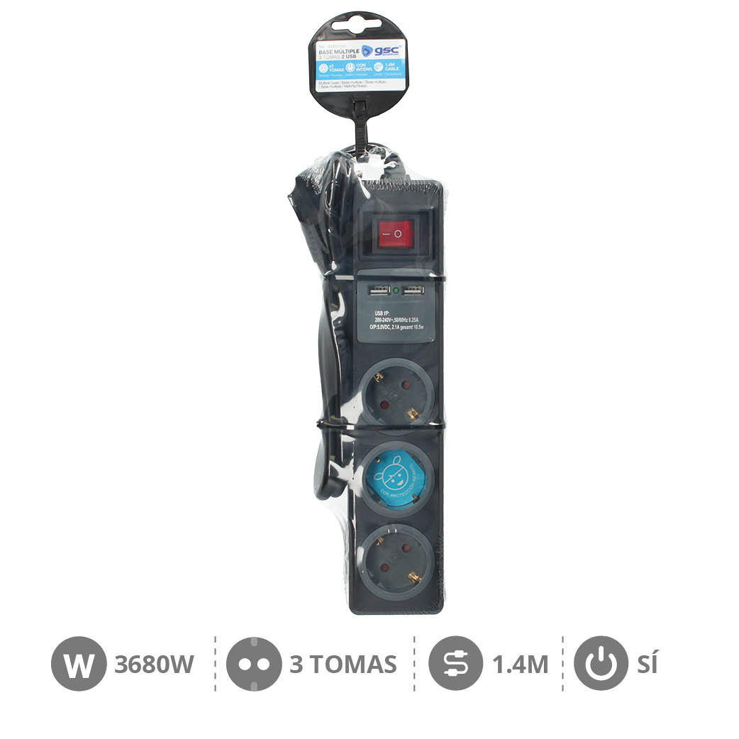 Base multiple 3T + 2 USB + Int. (3x1.5mm) 1,4M