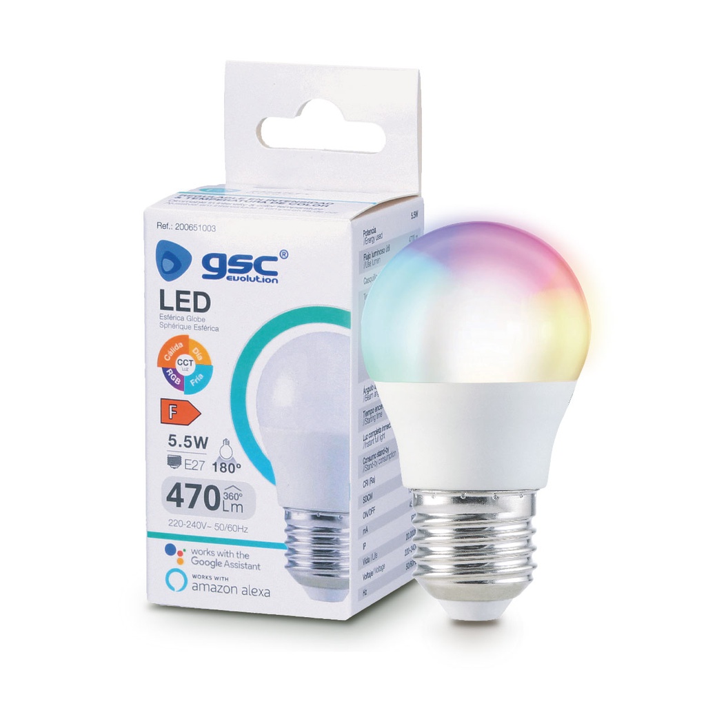 Lámpara LED esférica inteligente 5,5W E27 RGB + CTT regulable