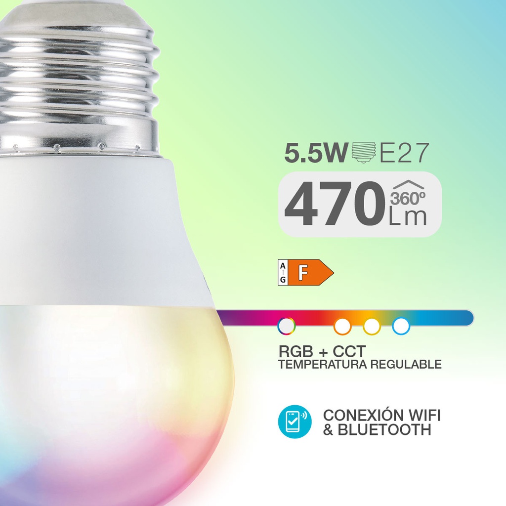 Lámpara LED esférica inteligente 5,5W E27 RGB + CTT regulable