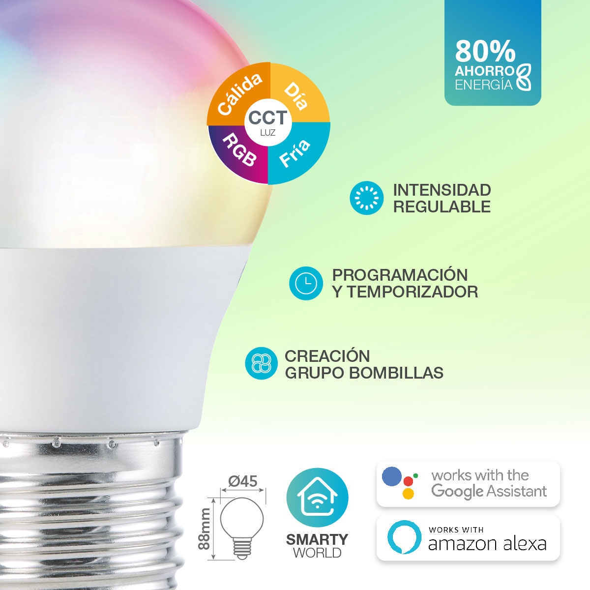 Lámpara LED esférica inteligente 5,5W E27 RGB + CTT regulable