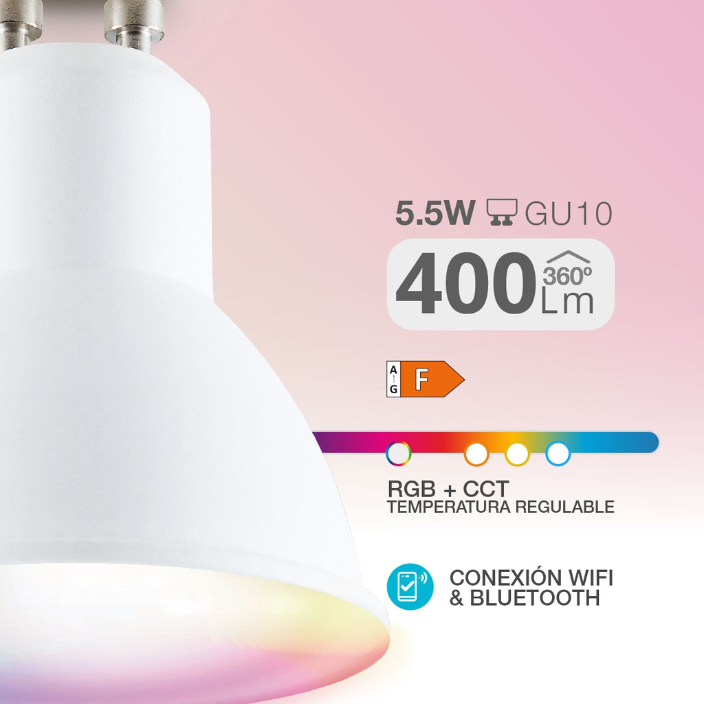 Lámpara LED dicroica inteligente 5,5W GU10 RGB + CTT regulable