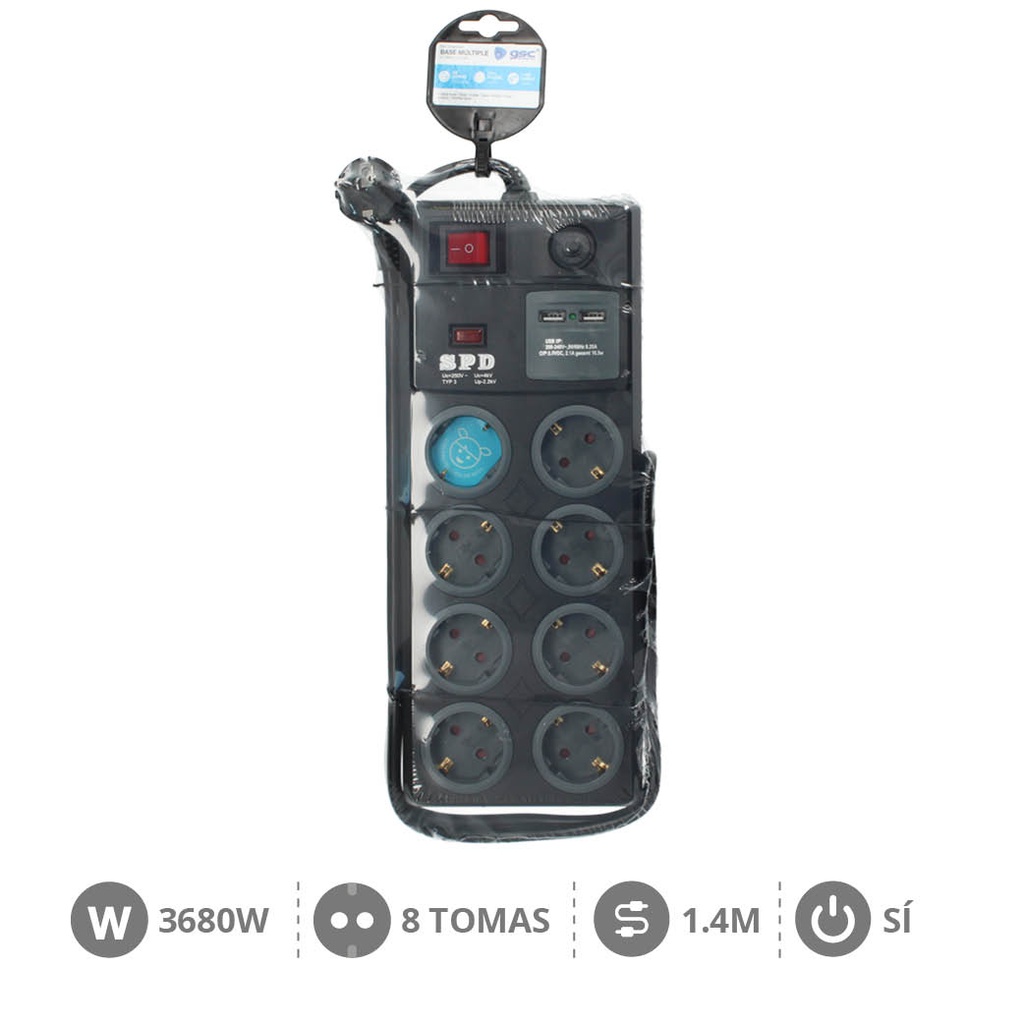Base multiple 8T + 2 USB + Int. (3x1.5mm) 1,4M