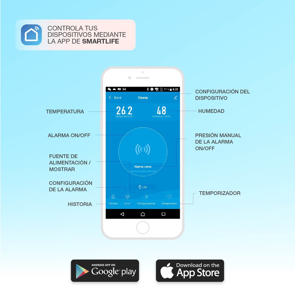 Alarma con sirena y control de temperatura y humedad vía wifi