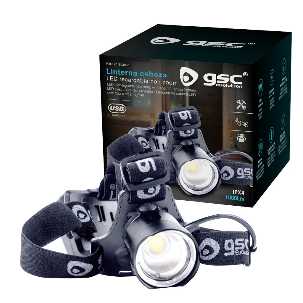 Linterna de cabeza LED con zoom recargable USB 1000lm
