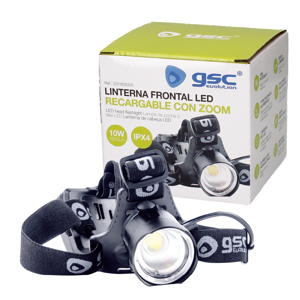 Linterna de cabeza LED con zoom recargable USB 1000lm