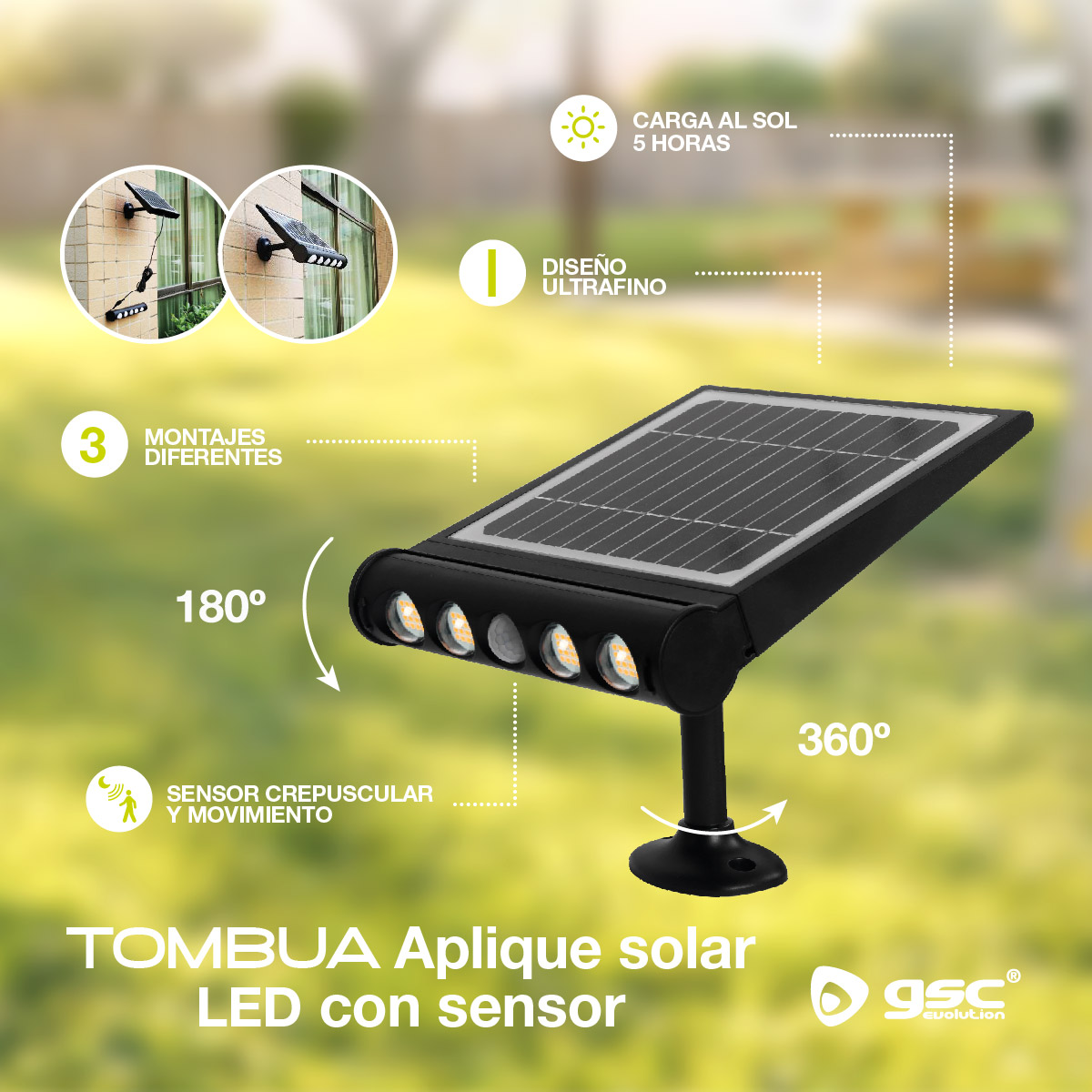Aplique solar LED Tombua con sensor movimiento y crepuscular 8W 6000K Negro