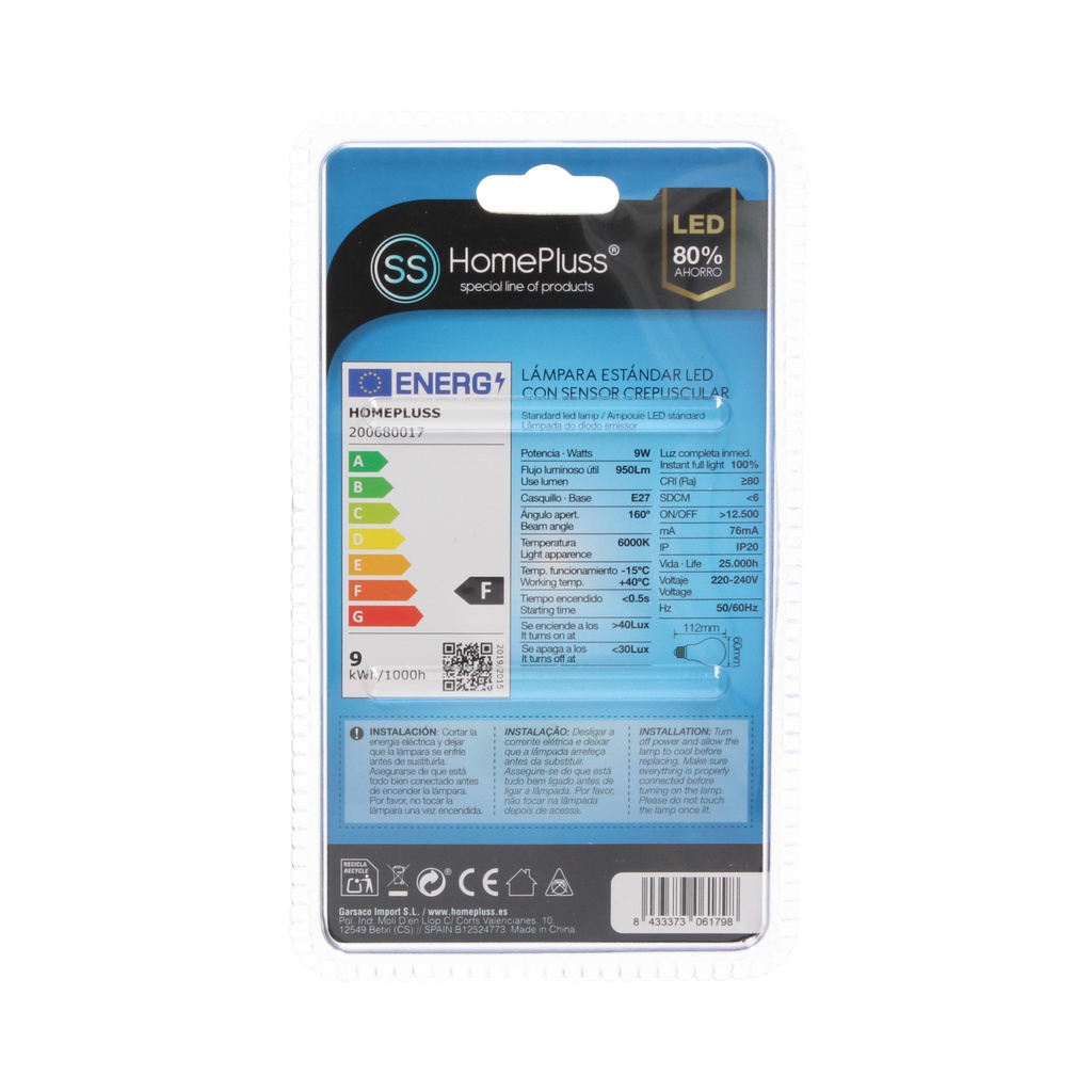 Lampara estandar crepuscular 9W E27 6000K -8u c.exp.