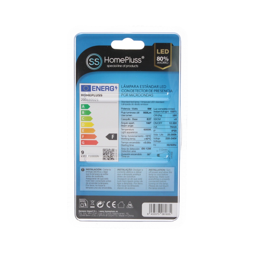 Lámpara LED estándar con sensor movimiento 9W E27 6000K - 8u caja exp