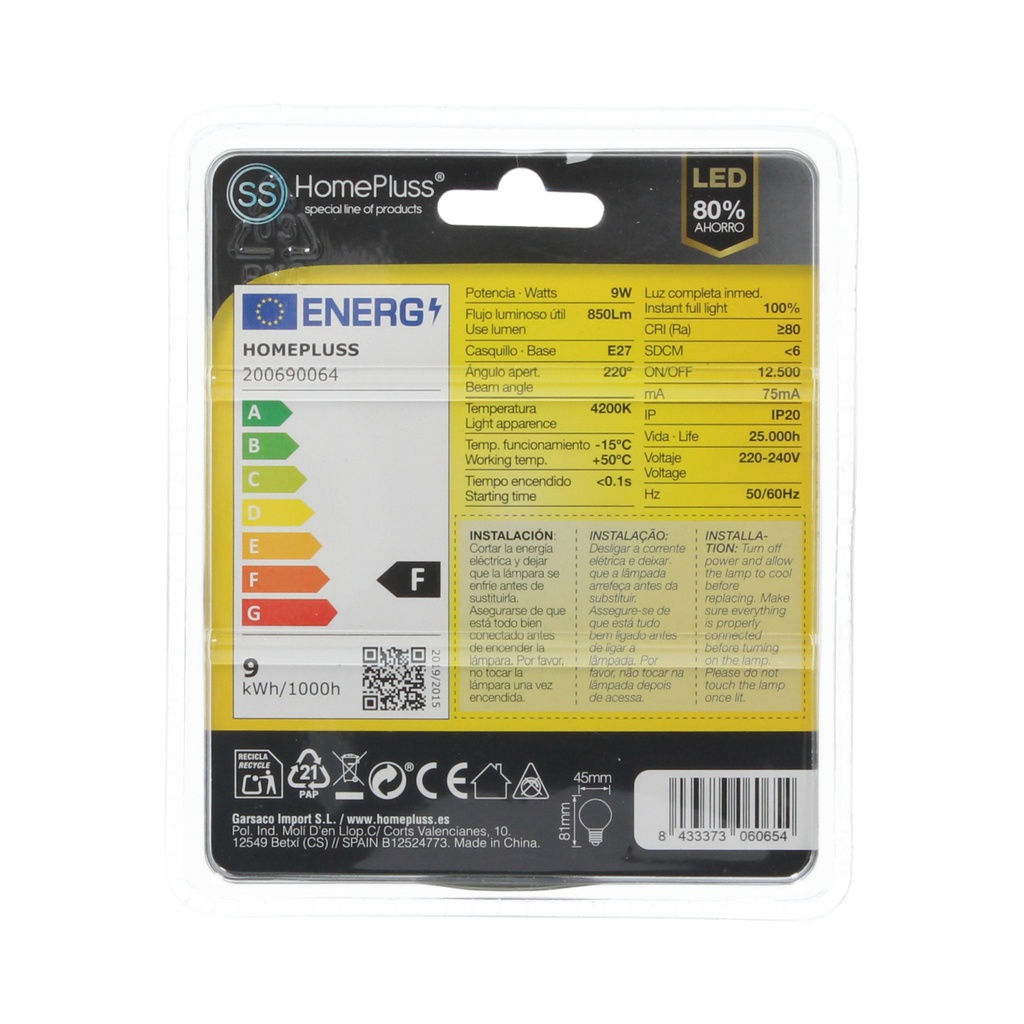 Lámpara LED esférica 9W E27 4200K - 12u caja exp