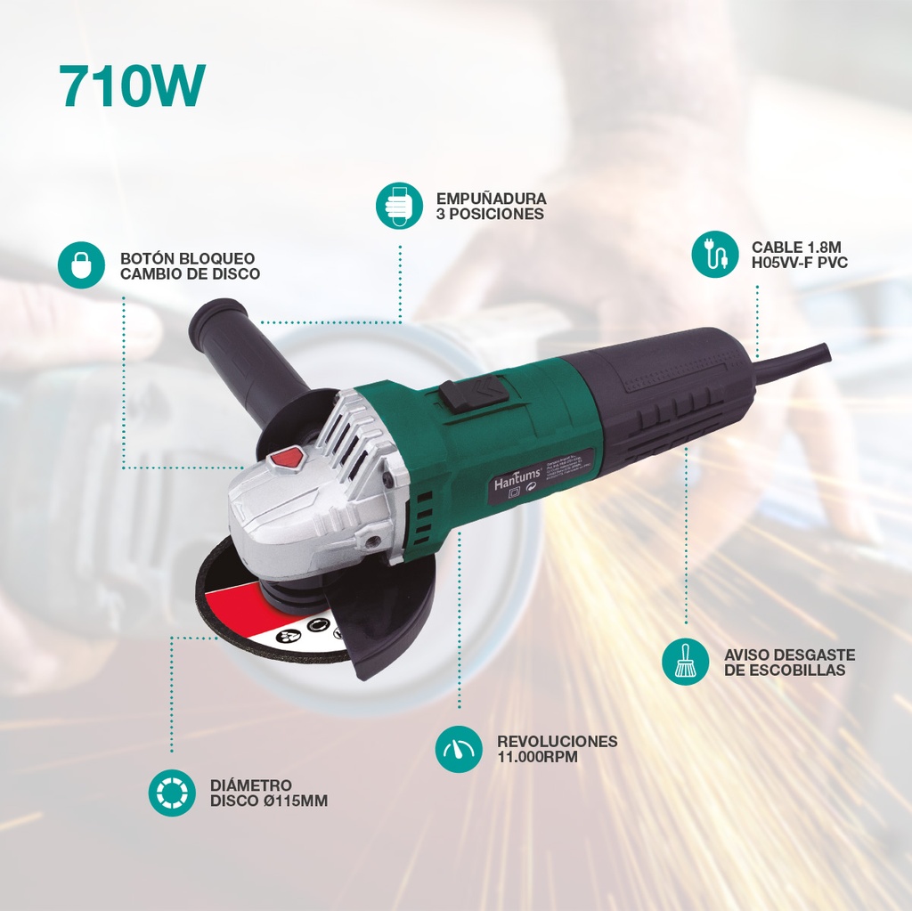 Amoladora angular eléctrica 11000 rpm 710W