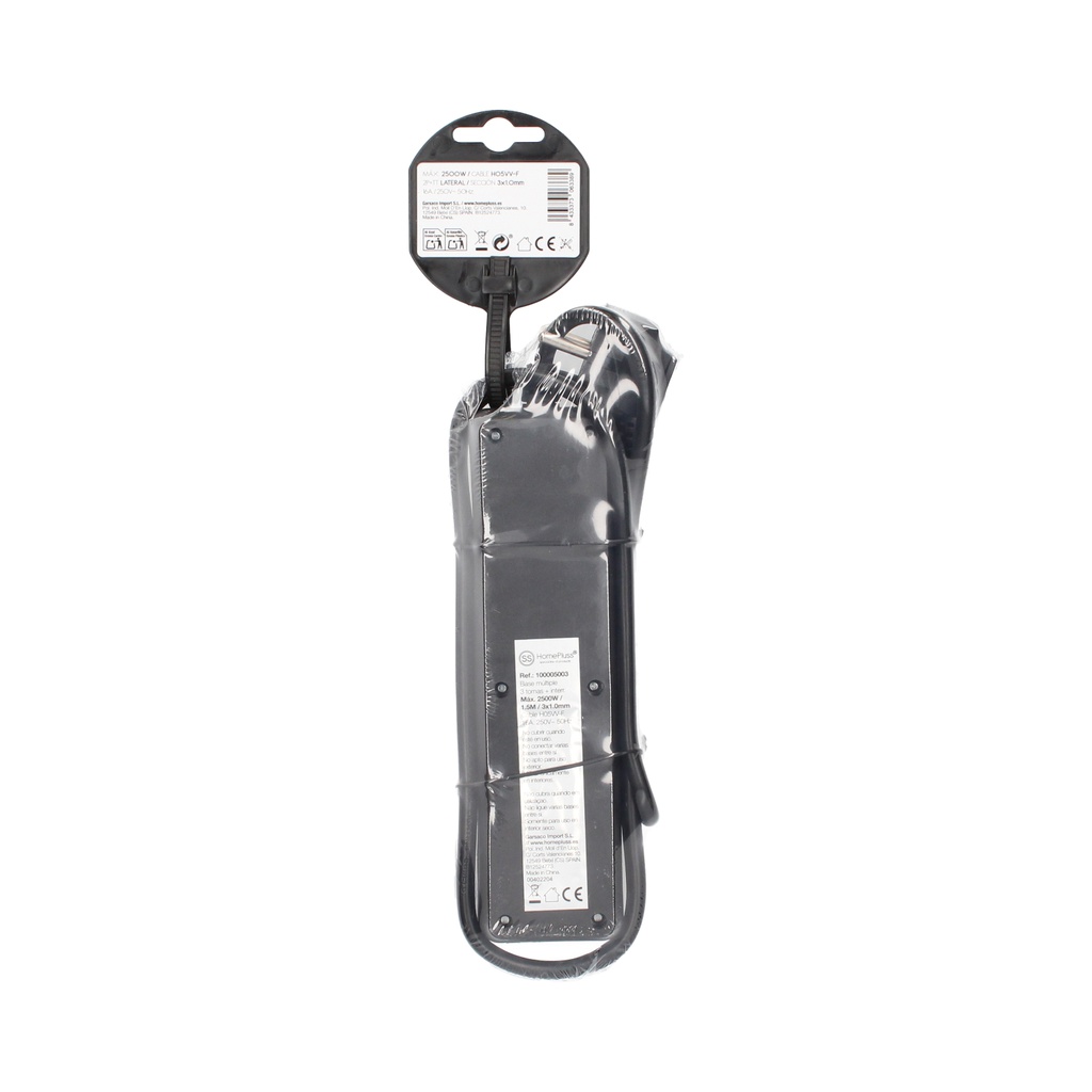 Base múltiple 3T + Int. (3x1.0mm) 1,5M Negra - 5u retráctil