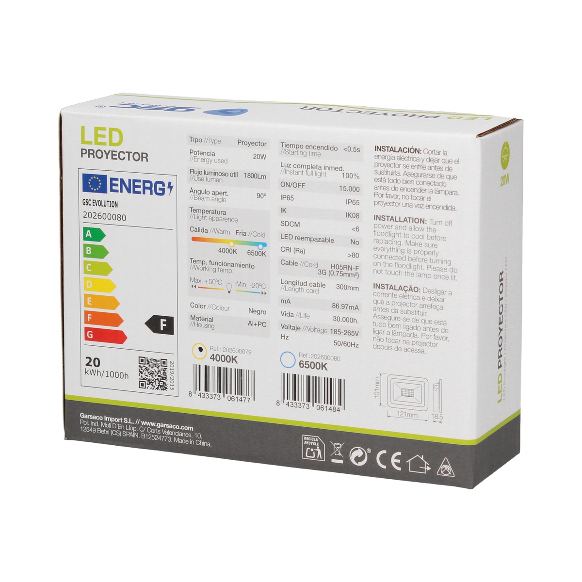 Proyector aluminio LED 20W 6500K IP65 Negro