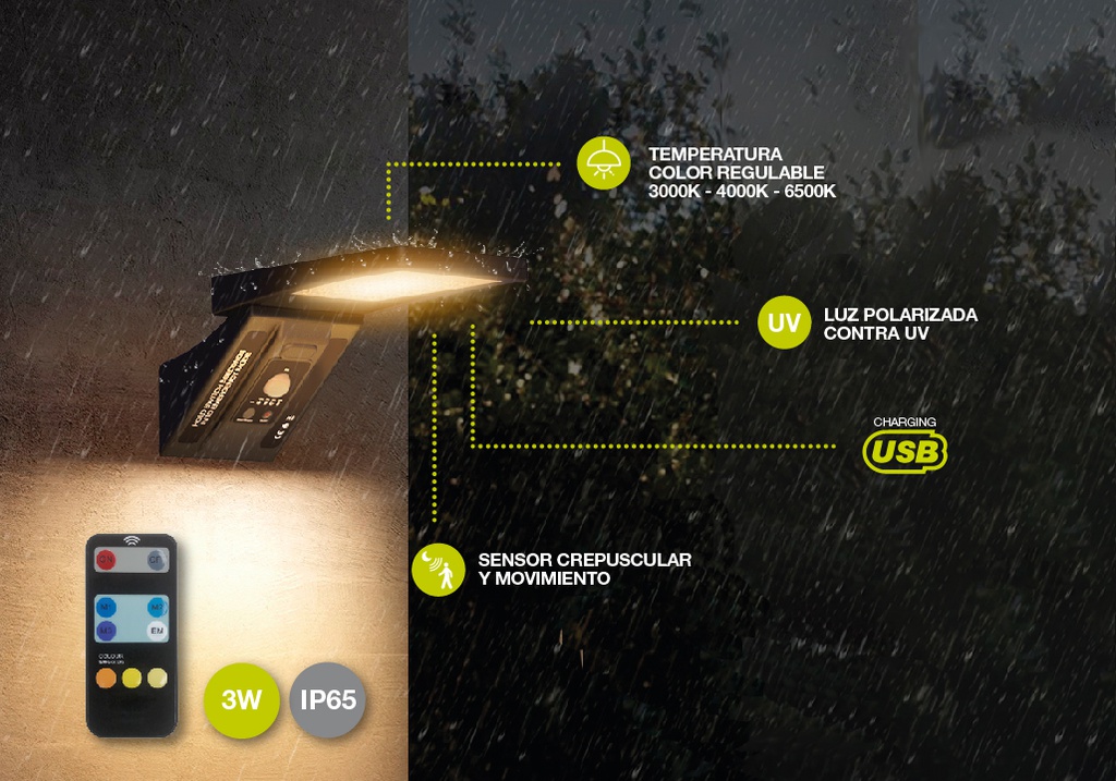 Aplique solar LED Ganda con sensor movimiento y crepuscular 3W 3000 - 4200 - 6000K