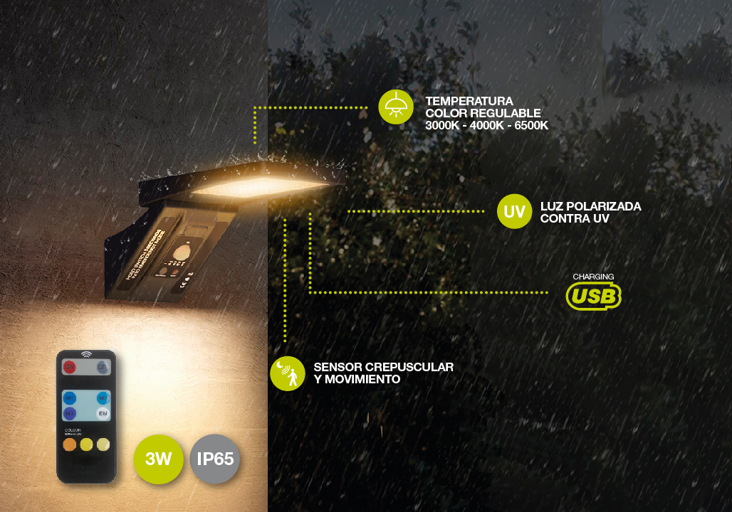 Aplique solar LED Ganda con sensor movimiento y crepuscular 3W 3000 - 4200 - 6000K