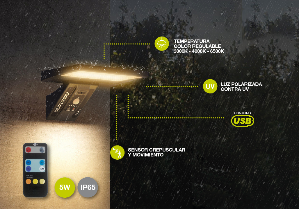 Aplique solar LED Ganda con sensor movimiento y crepuscular 5W 3000 - 4200 - 6000K