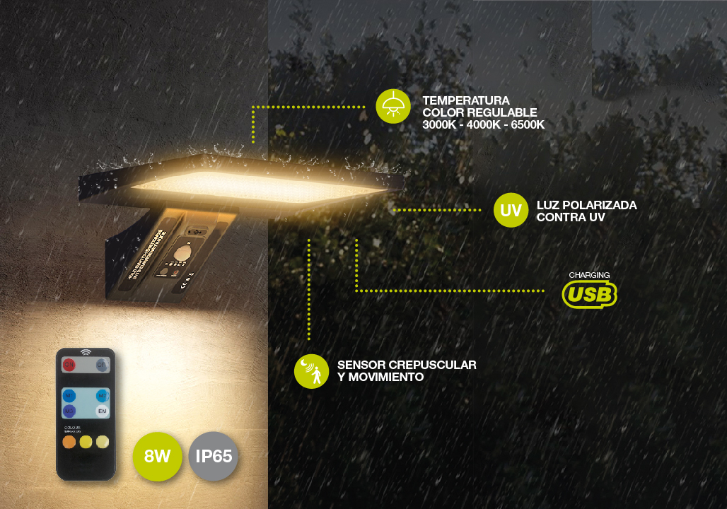 Aplique solar LED Ganda con sensor movimiento y crepuscular 8W 3000 - 4200 - 6000K