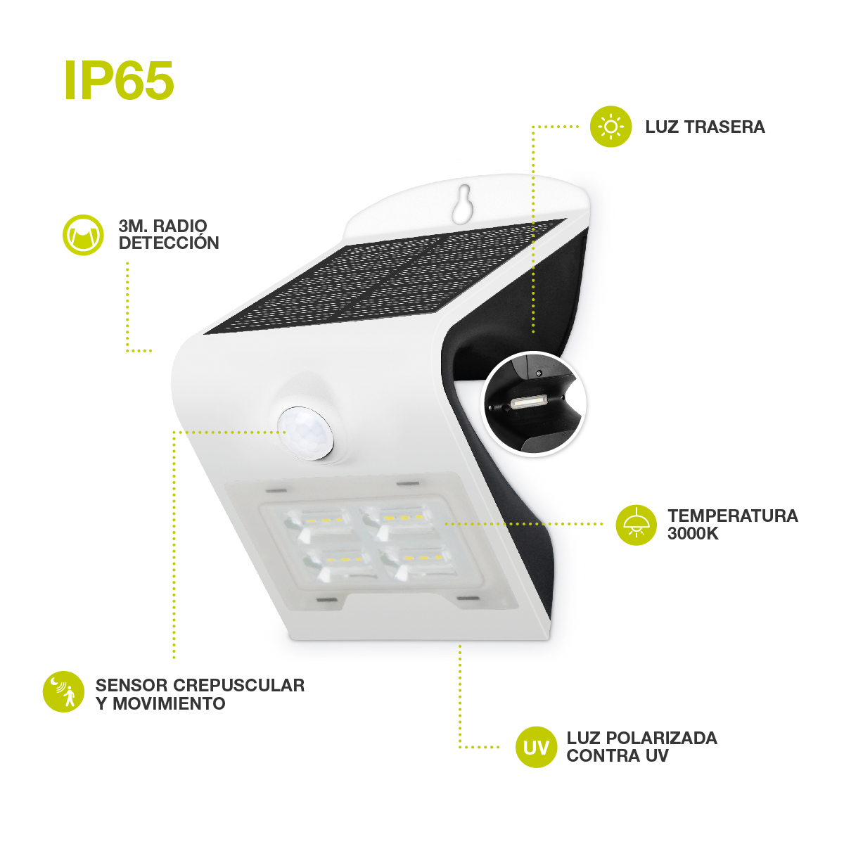 Aplique solar LED Lukulu con sensor de movimiento y crepuscular 4W 3000K Blanco