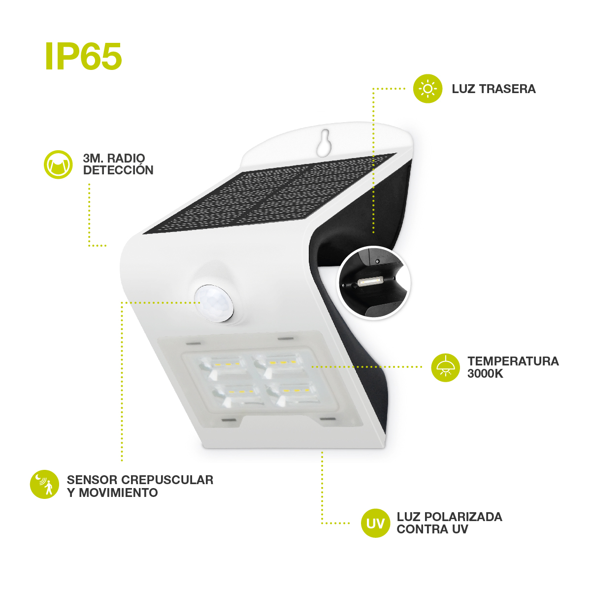 Aplique solar LED Lukulu con sensor de movimiento y crepuscular 4W 6000K Blanco