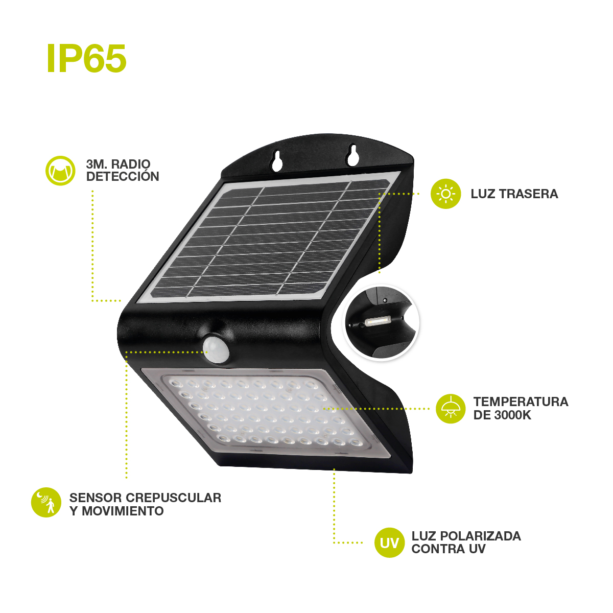 Aplique solar LED Lukulu con sensor de movimiento y crepuscular 4W 6000K Negro