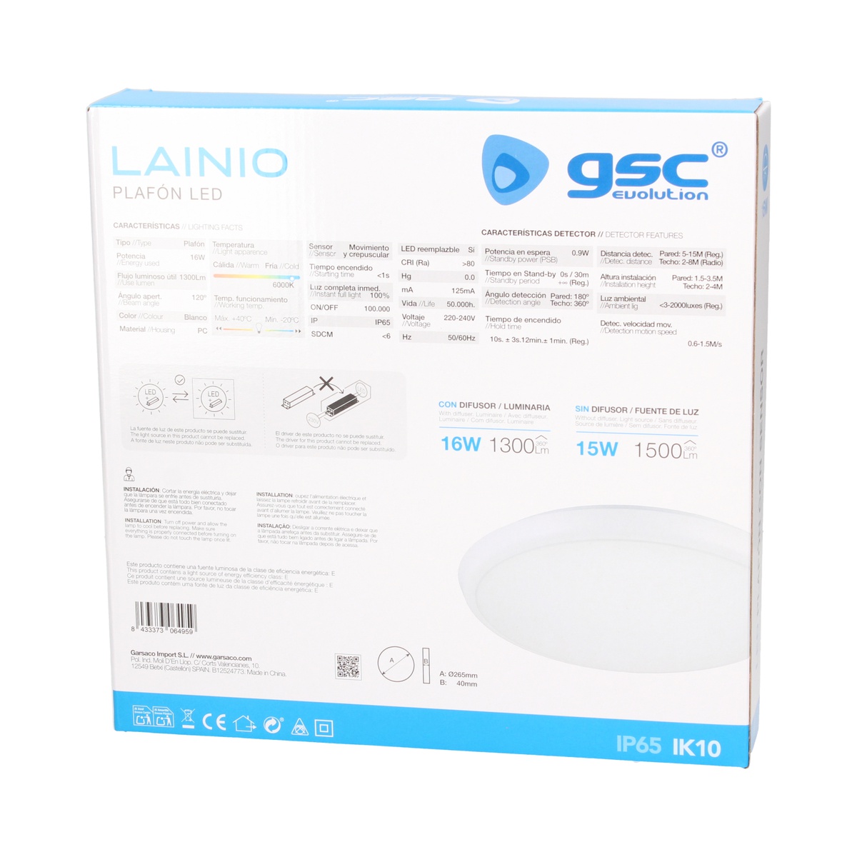 Plafón LED Lainio con sensor movimiento y crepuscular + stand-by 16W 6000K