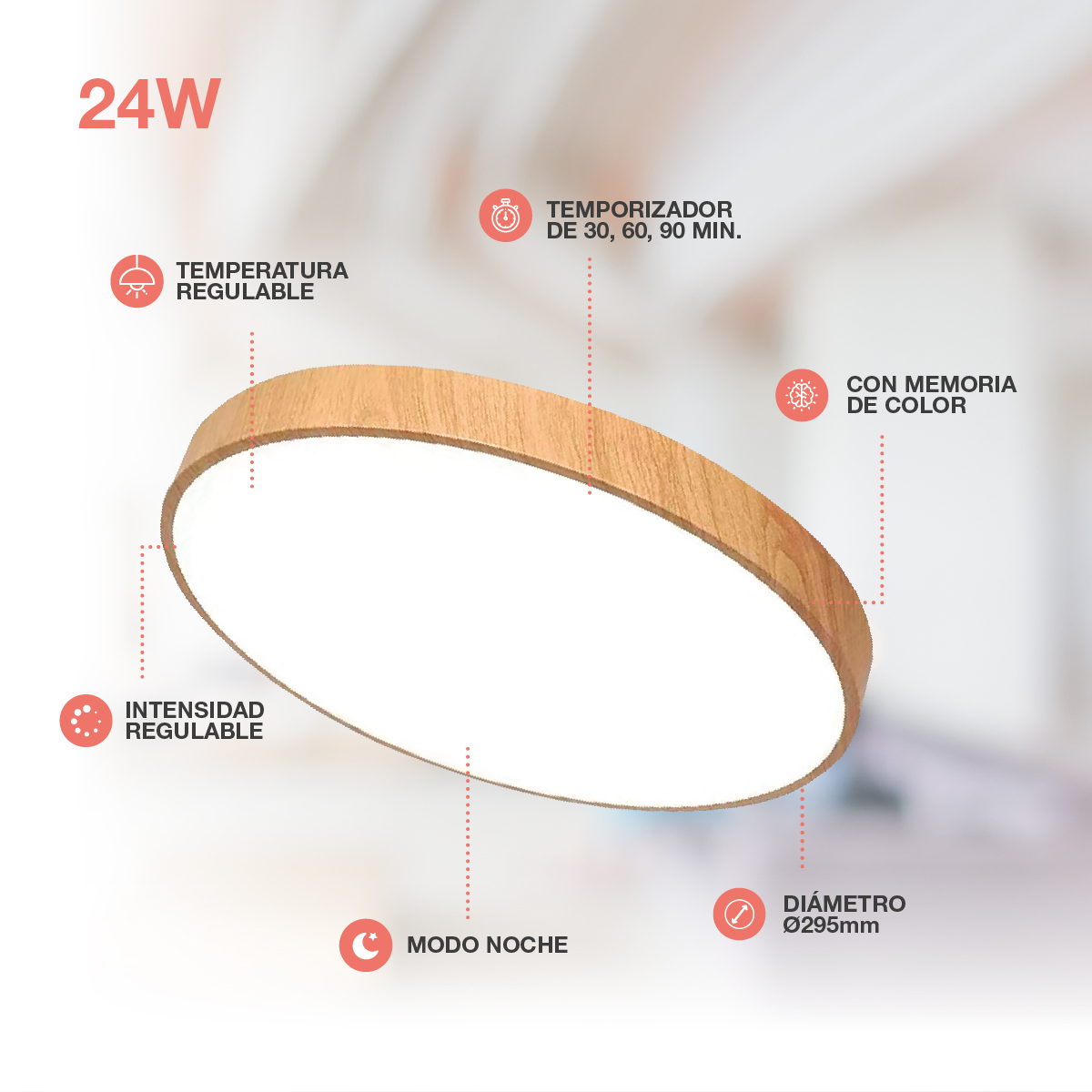 Plafón techo LED Andra redondo 24W 3000K a 6500K regulable Efecto madera