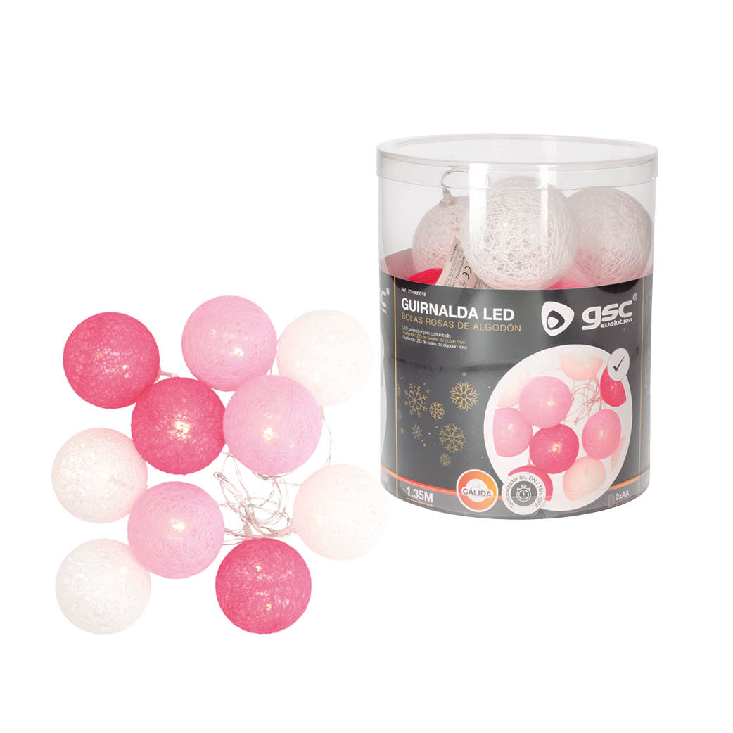 Guirnalda LED de bolas rosas de algodón 1,35 M Luz cálida