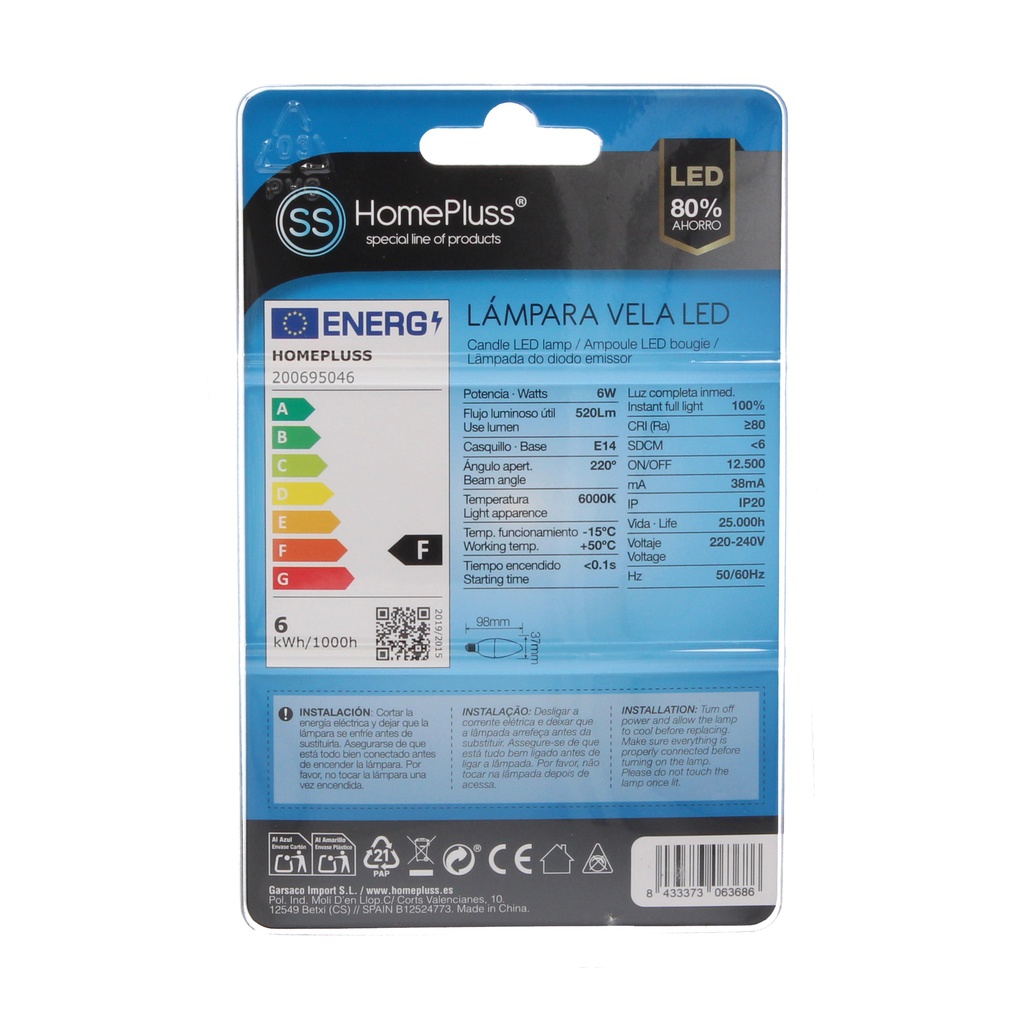 Pack 2 bombillas vela LED 6W E14 6000K - 10u caja exp