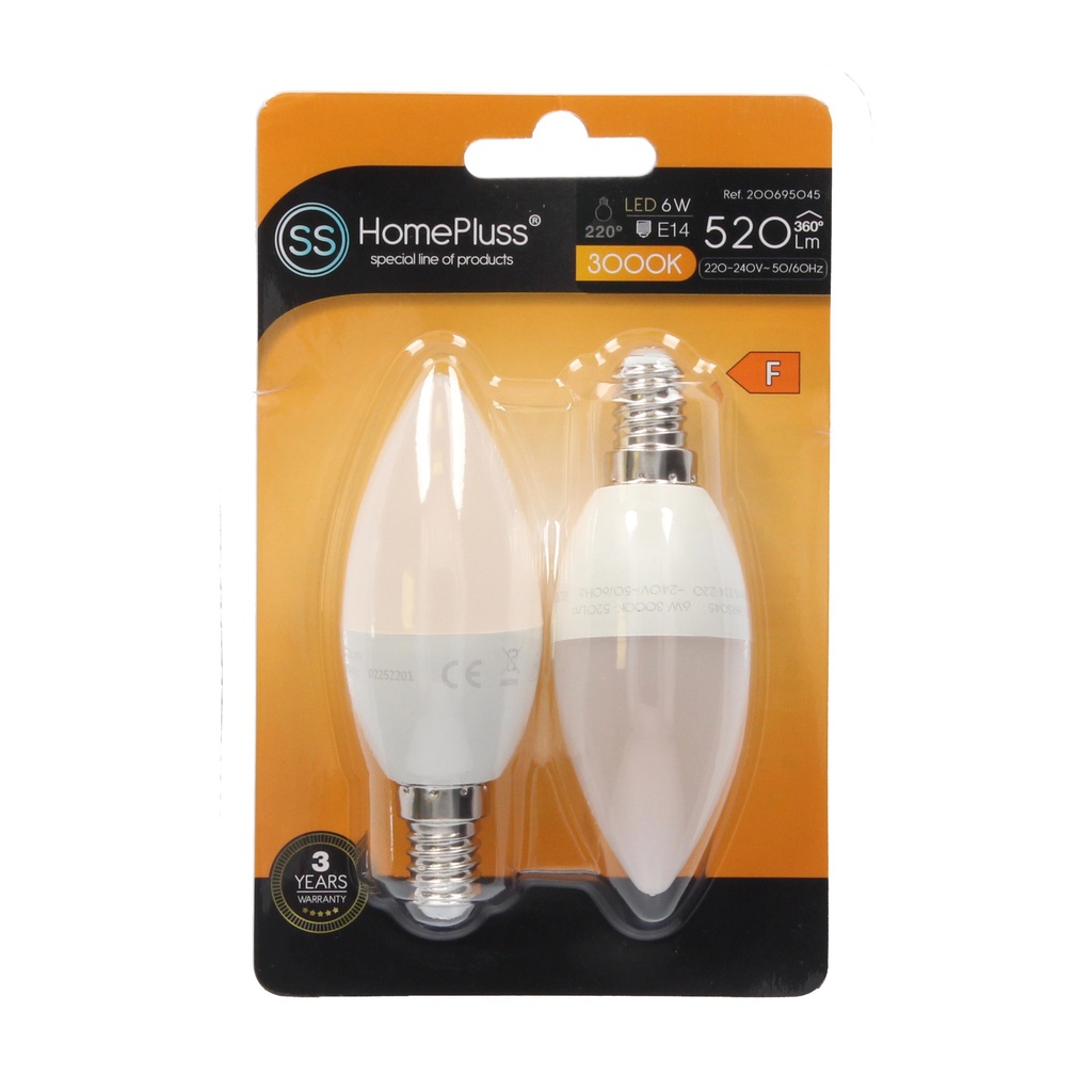 Pack 2 bombillas vela LED 6W E14 3000K - 10u caja exp