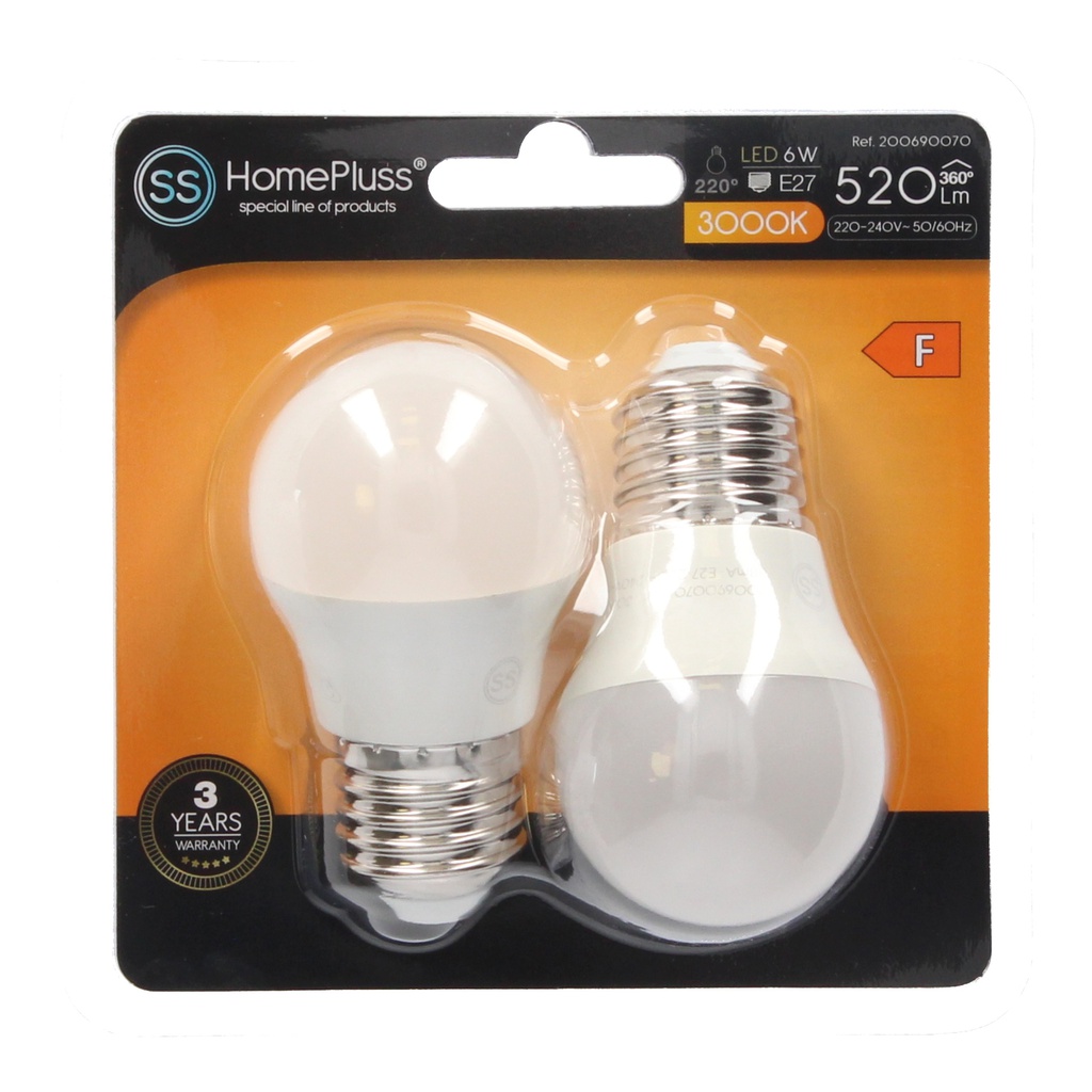 Pack 2 bombillas esféricas LED 6W E27 3000K - 10u caja exp