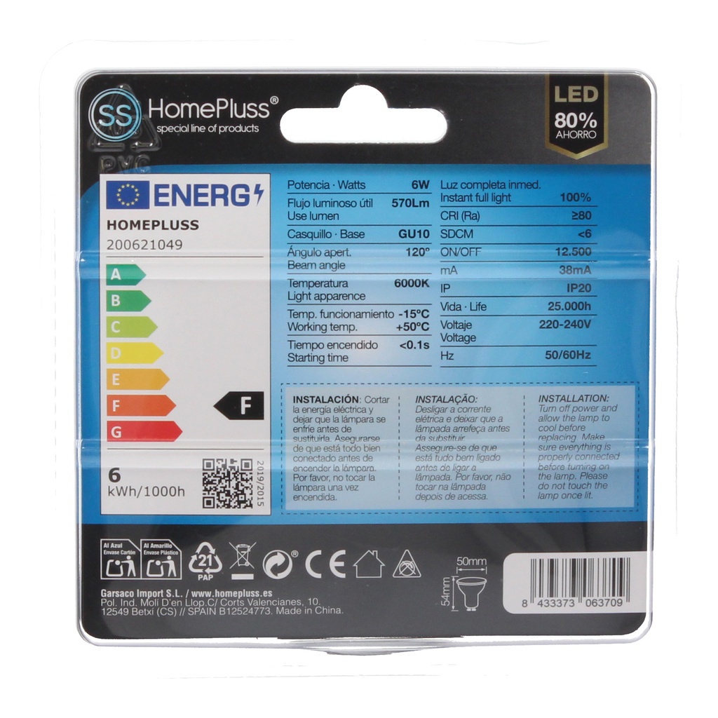Pack 2 bombillas dicroicas GU10 LED 6W 6000K - 10u caja exp