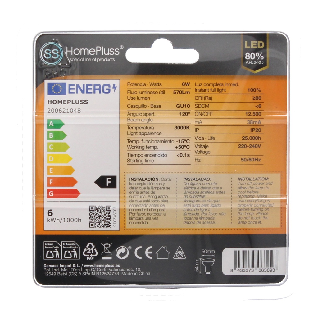 Pack 2 bombillas dicroicas GU10 LED 6W 3000K - 10u caja exp