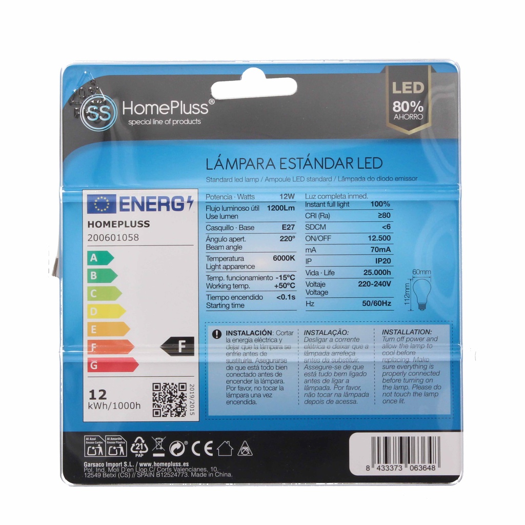 Pack 2 bombillas estandar LED 12W E27 6000K - 8u caja exp