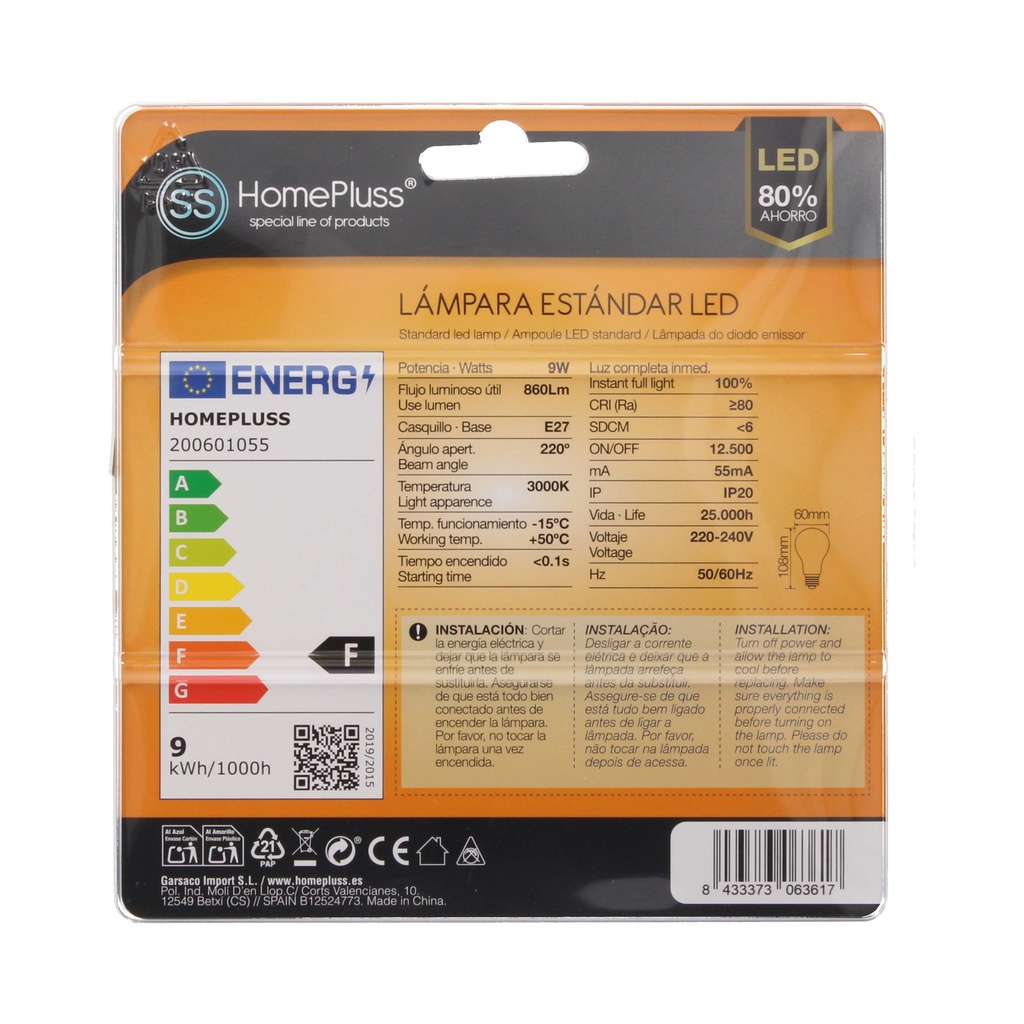 Pack 2 bombillas estandar LED 9W E27 3000K - 8u caja exp