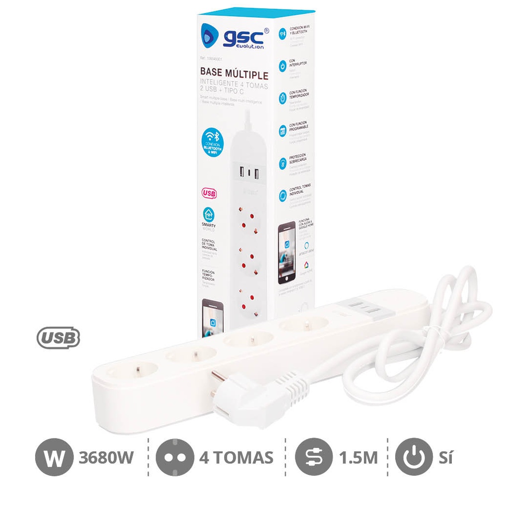 Base múltiple inteligente 4T + 2 USB + tipo C (3x1.5mm) 1,5M