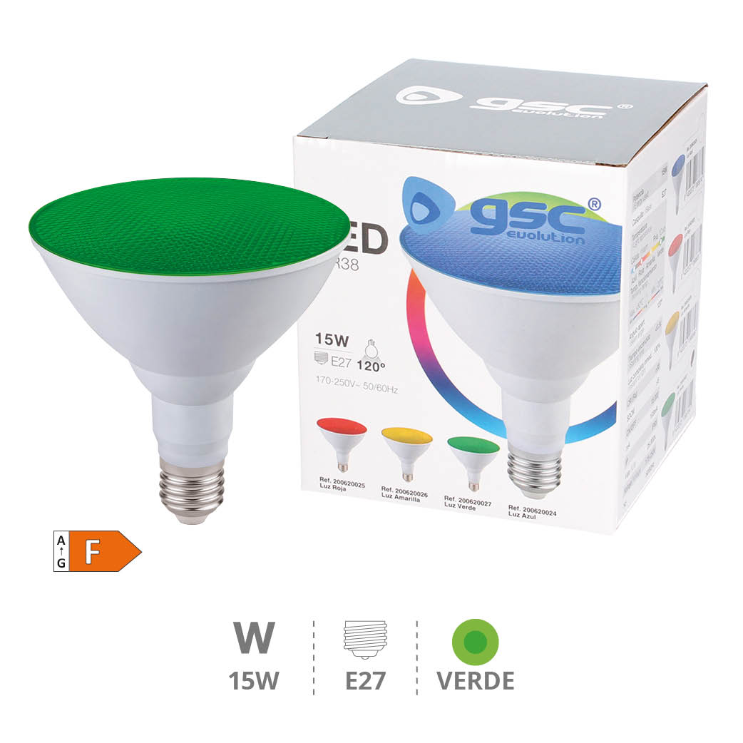 Lámpara LED PAR38 15W E27 Verde IP65