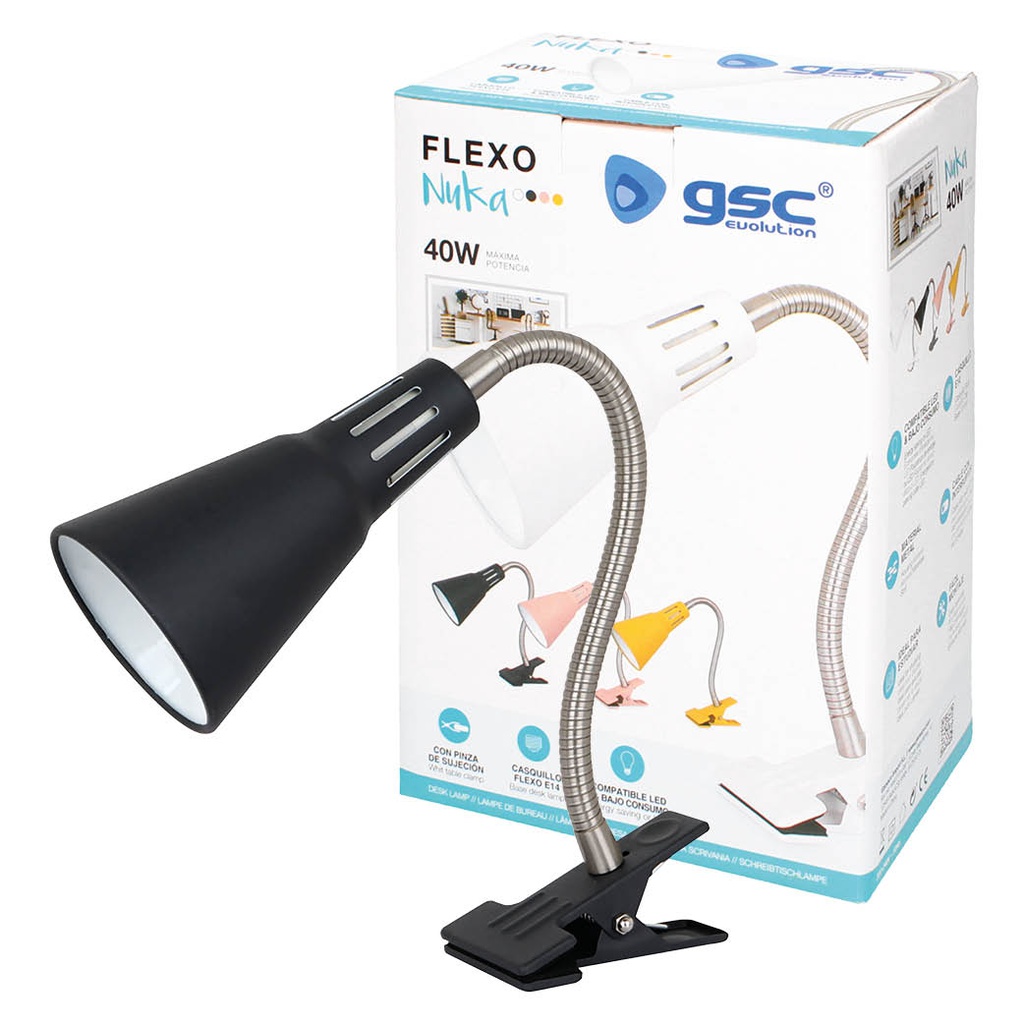 Flexo con pinza Nuka E14 Negro