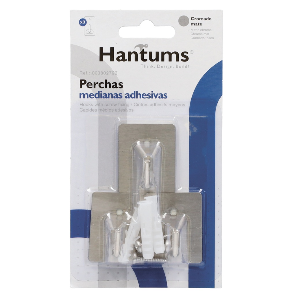 Pack 3 Perchas medianas adhesivas 26x43mm Cromadas