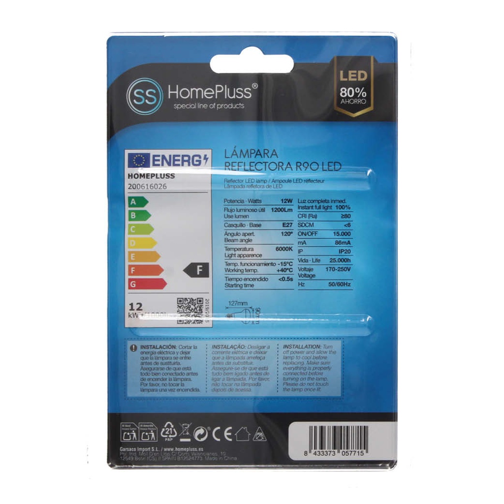 Lámpara LED reflectora R90 12W E27 6000K - 6u caja exp