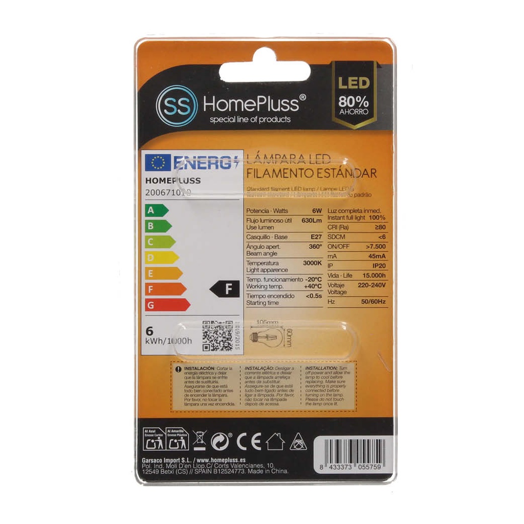 Lámpara LED estándar filamento 6W E27 3000K - 8u caja exp